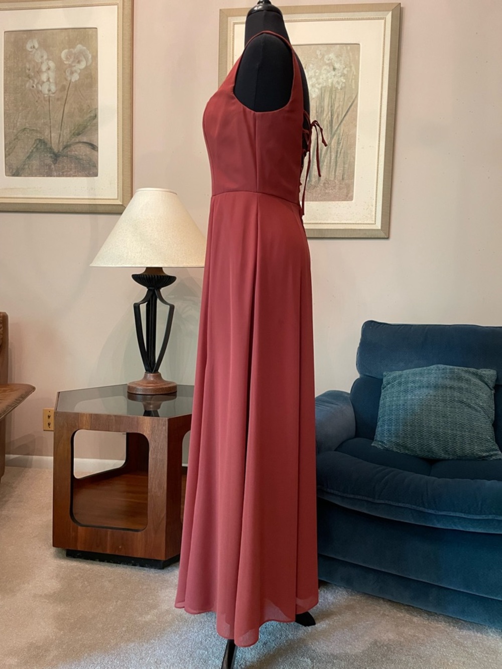 David’s Bridal Chiffon Cinnamon Square Neckline Lace Up Back Dress With Pockets - Picture 2 of 12